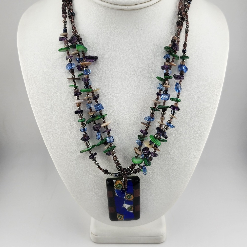 Ethel And Myrtle Purple Green And Blue Chip Millefiori Glass Pendant Necklace